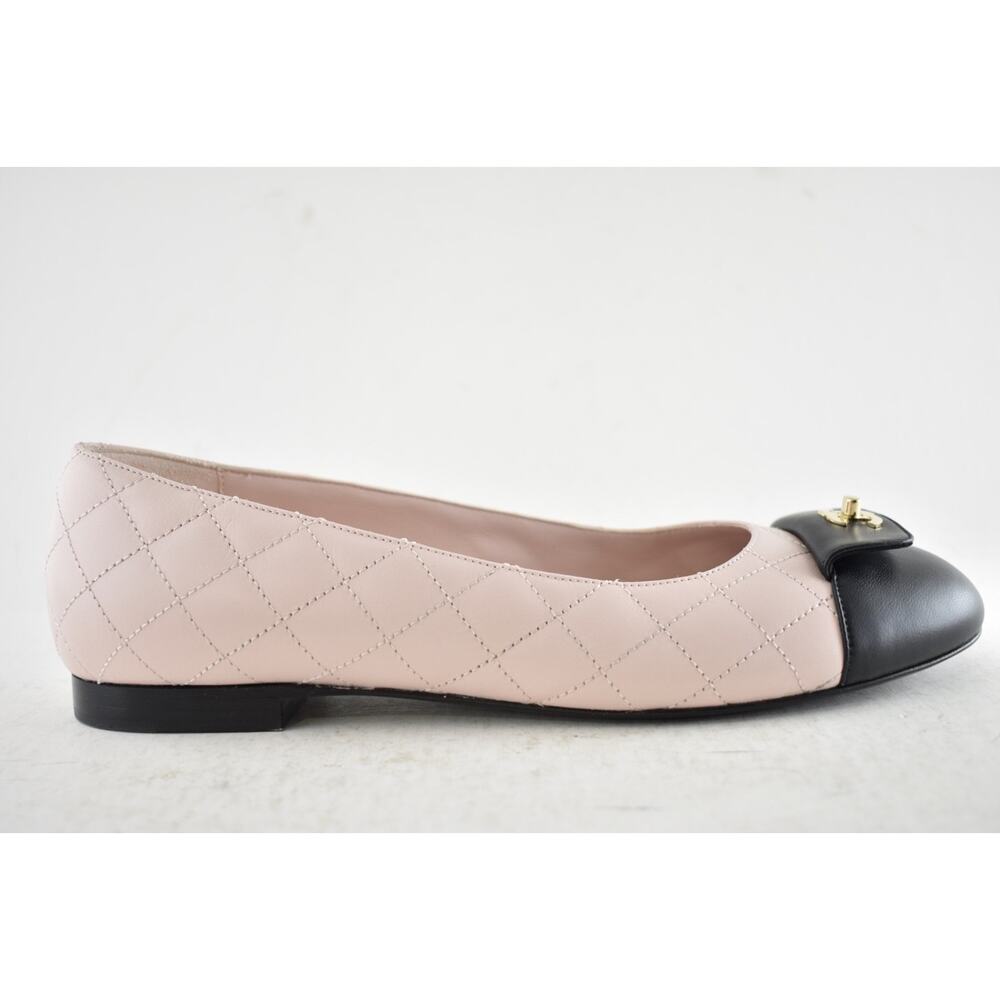 Chanel 24B Pink Black Turnlock Gold CC Logo Quilted Ballet Ballerina Flat 38 - Picture 2 of 15